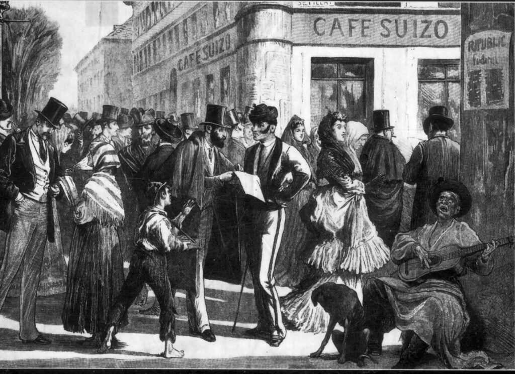 Dibujo (alegoría del Madrid de la segunda mitad del siglo XIX) con varios tipos castizos ante el Cafe Suizo, con un cartel de la proclamación de la República Federal.