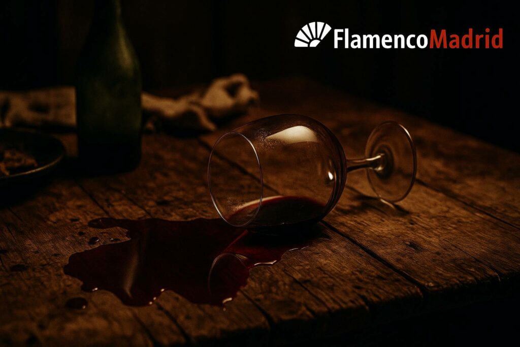 Copa de vino derramada en mesa de madera durante una juerga flamenca