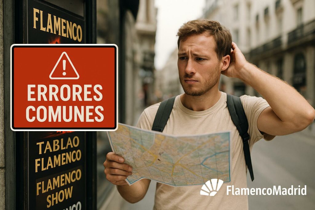 Turista confundido con mapa frente a cartel de tablao flamenco en Madrid, con advertencia de errores comunes y logo de FlamencoMadrid