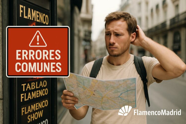 Turista confundido con mapa frente a cartel de tablao flamenco en Madrid, con advertencia de errores comunes y logo de FlamencoMadrid