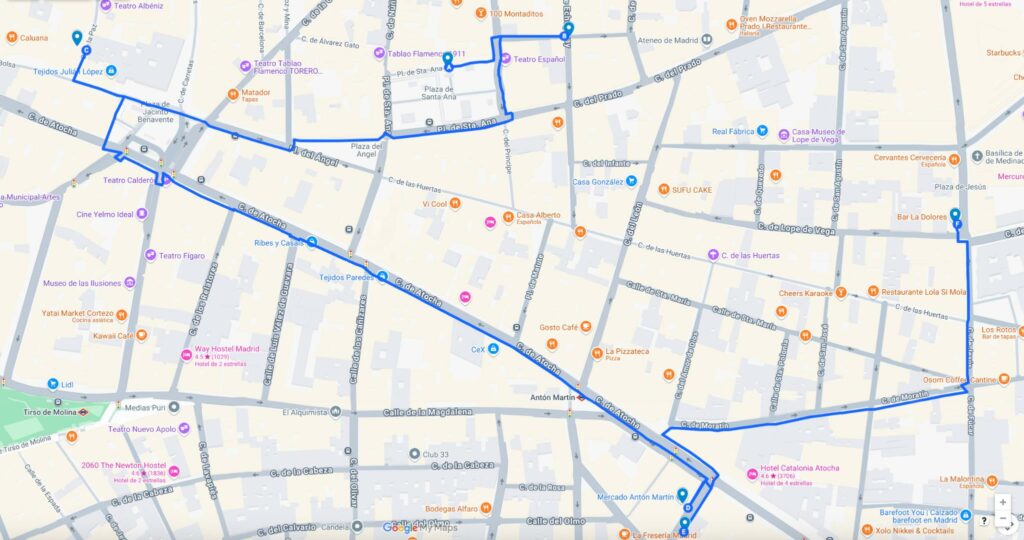 Ruta por el Madrid mas Flamenco, representación gráfica de la ruta con Google Maps