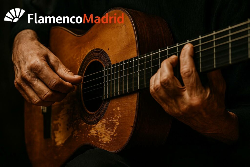 Manos marcadas tocando una guitarra flamenca gastada, reflejo de la estética cruda del sonido cañí.