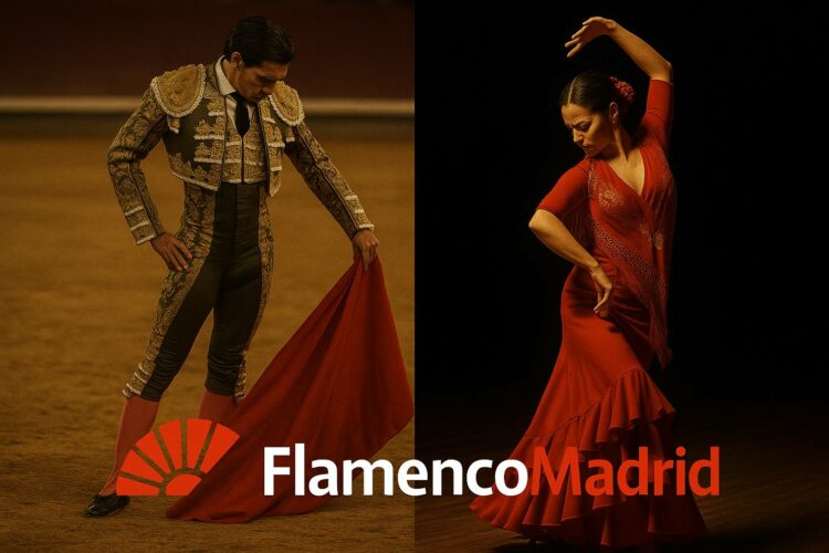 Composición artística con torero y bailaora reflejados en poses complementarias para FlamencoMadrid