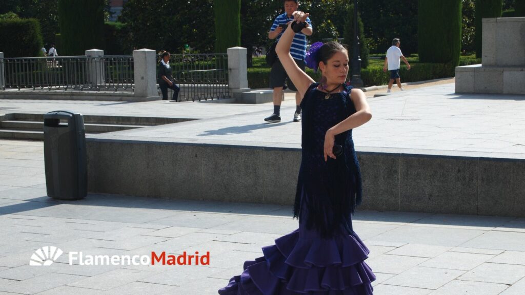 Bailaora bailando flamenco frente al Palacio Real en Madrid